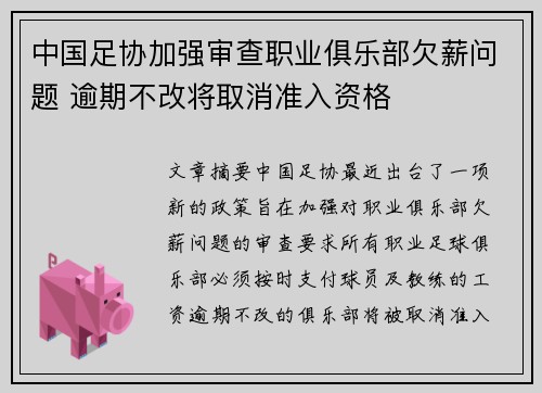 中国足协加强审查职业俱乐部欠薪问题 逾期不改将取消准入资格