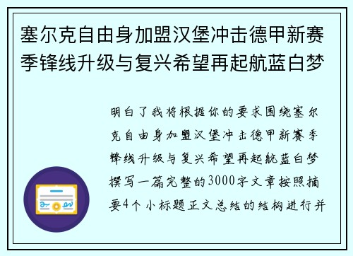 塞尔克自由身加盟汉堡冲击德甲新赛季锋线升级与复兴希望再起航蓝白梦