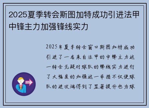2025夏季转会斯图加特成功引进法甲中锋主力加强锋线实力